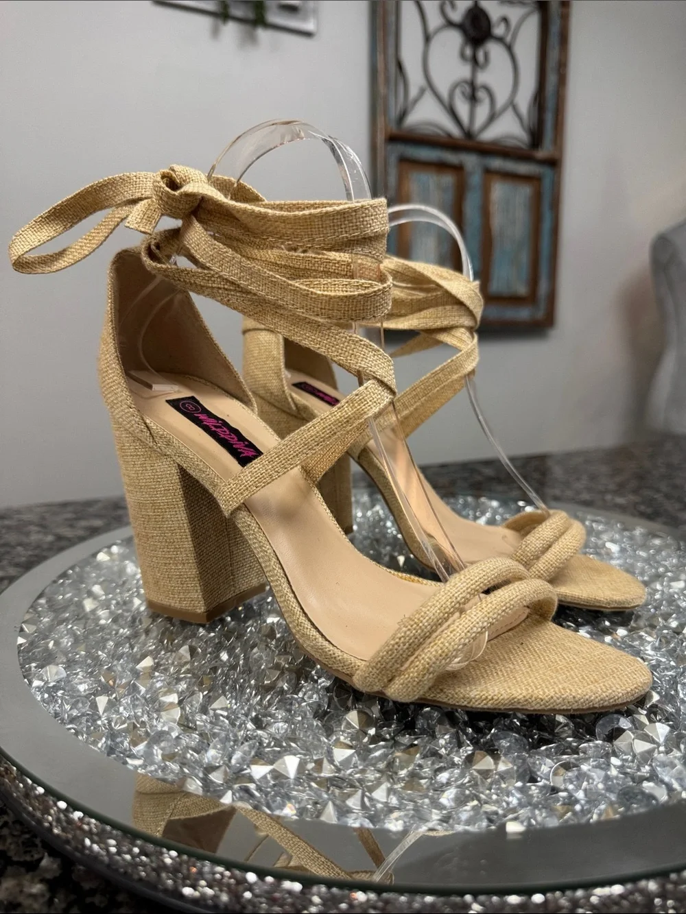 Wild Diva Beige Woven Ankle-Tie Block Heels 8